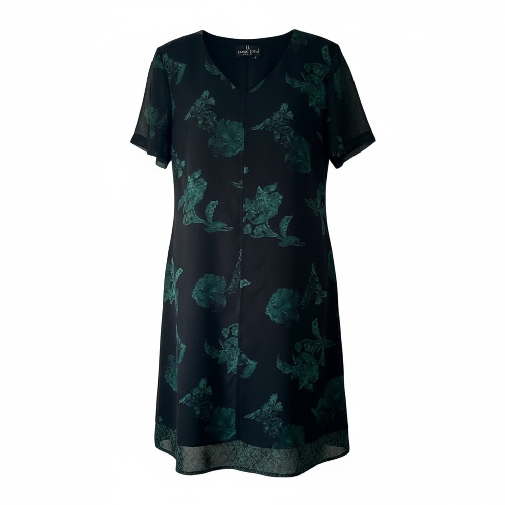 Carole Little Floral Black and Green Dress Long Sleeve Size 12